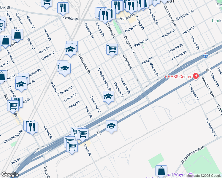 map of restaurants, bars, coffee shops, grocery stores, and more near 1076 North Rademacher Street in Detroit