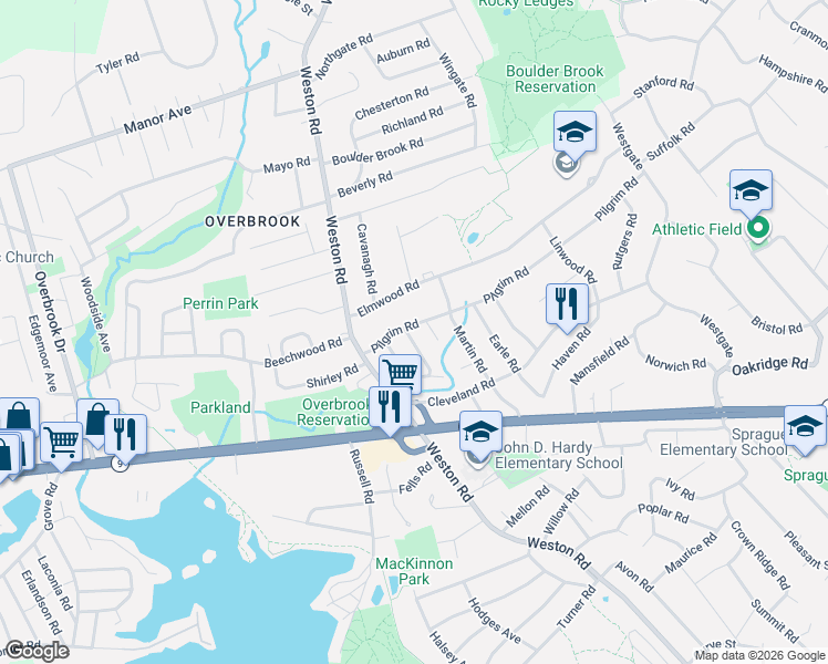 map of restaurants, bars, coffee shops, grocery stores, and more near 23 Pilgrim Road in Wellesley