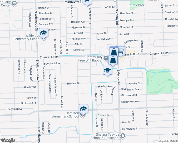 map of restaurants, bars, coffee shops, grocery stores, and more near 33443 Somerset in Westland