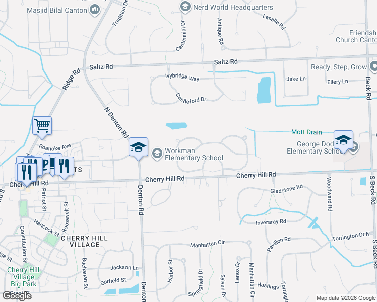 map of restaurants, bars, coffee shops, grocery stores, and more near 475 West Canford Park in Canton