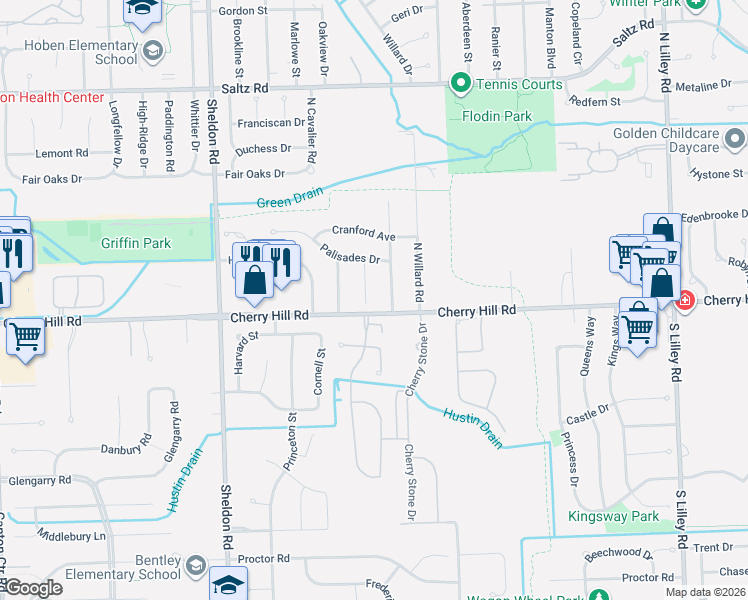 map of restaurants, bars, coffee shops, grocery stores, and more near 43748 Sweet Cherry Lane in Canton