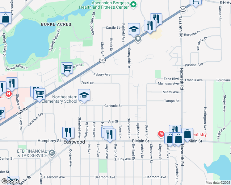 map of restaurants, bars, coffee shops, grocery stores, and more near 1621 Texel Drive in Kalamazoo