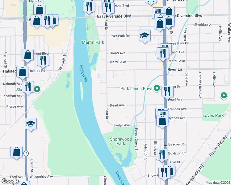 map of restaurants, bars, coffee shops, grocery stores, and more near 234 Pearl Avenue in Loves Park