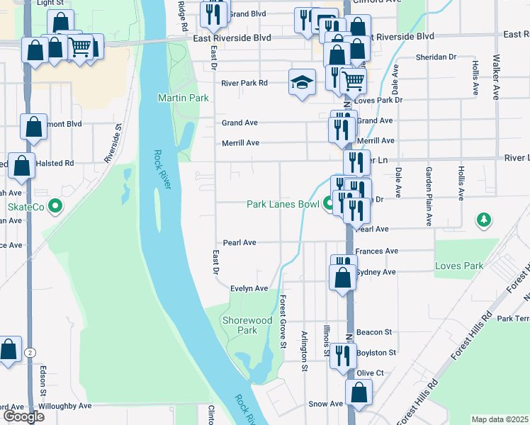 map of restaurants, bars, coffee shops, grocery stores, and more near 5318 Bennett Street in Loves Park