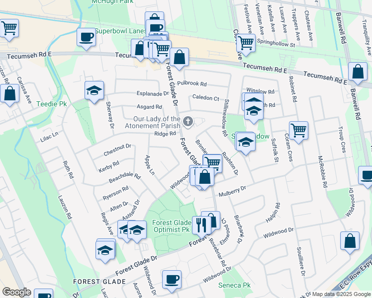 map of restaurants, bars, coffee shops, grocery stores, and more near Forest Glade Drive in Windsor
