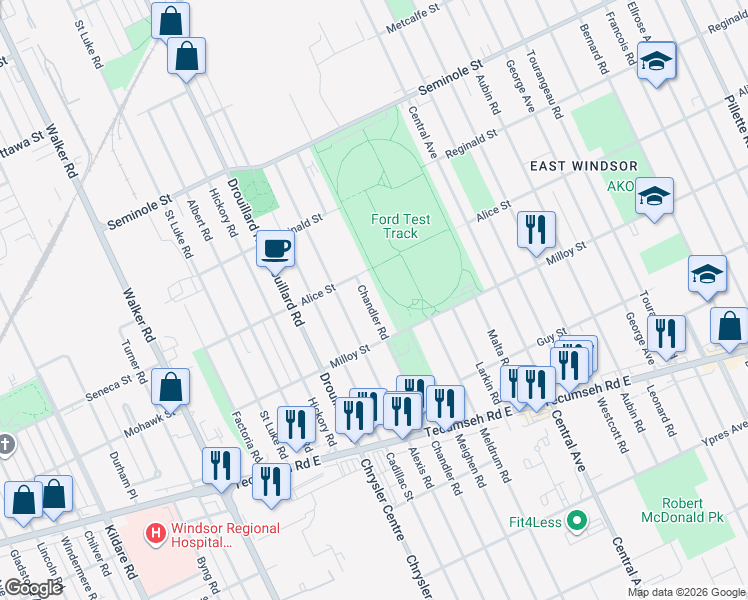 map of restaurants, bars, coffee shops, grocery stores, and more near 1780 Chandler Road in Windsor
