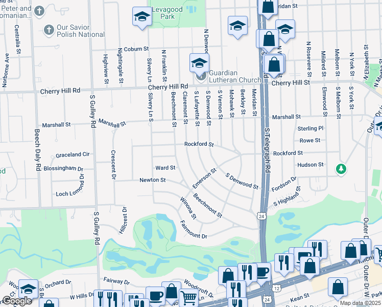 map of restaurants, bars, coffee shops, grocery stores, and more near 632 Claremont Street in Dearborn