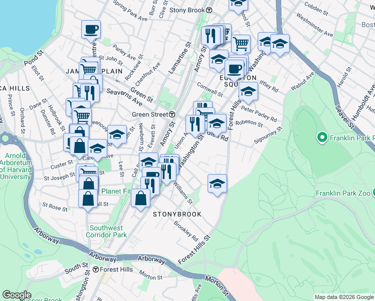 map of restaurants, bars, coffee shops, grocery stores, and more near 3446 Washington Street in Boston