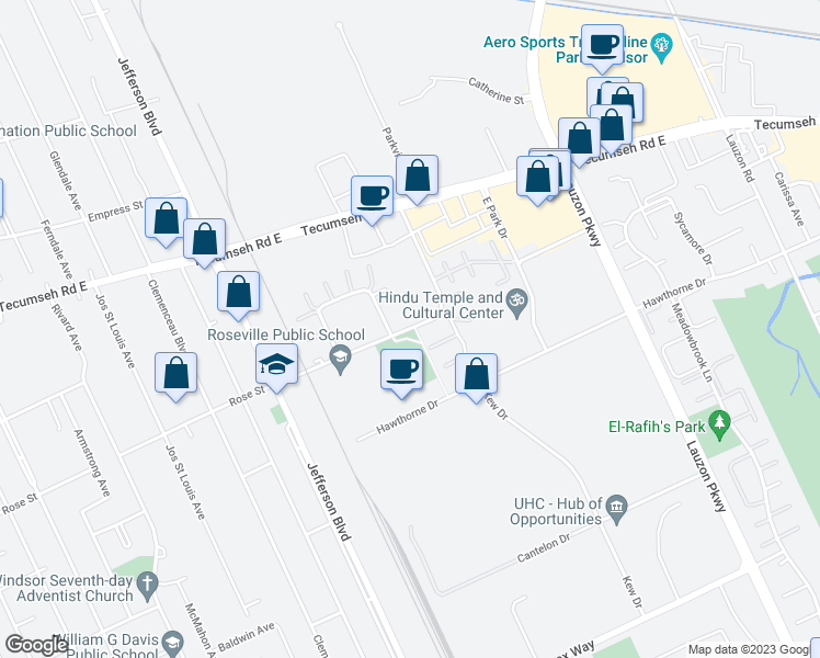 map of restaurants, bars, coffee shops, grocery stores, and more near 6711 Rose-Ville Garden Drive in Windsor