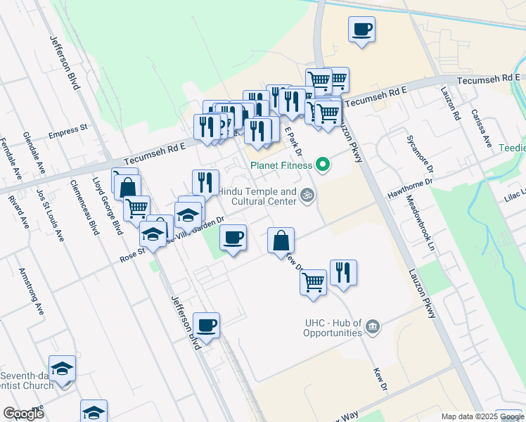 map of restaurants, bars, coffee shops, grocery stores, and more near 2613 Vine Court in Windsor