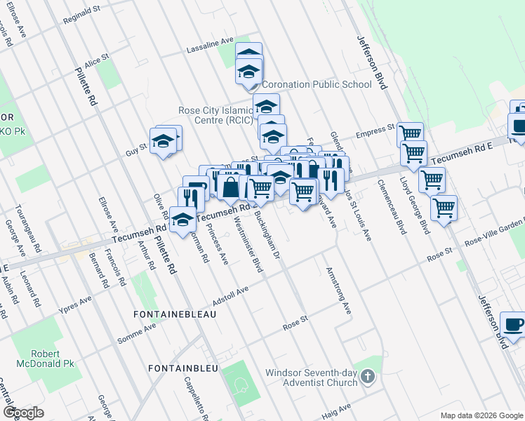 map of restaurants, bars, coffee shops, grocery stores, and more near 2076 Buckingham Drive in Windsor