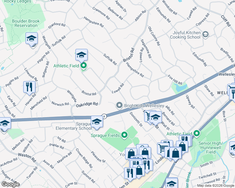 map of restaurants, bars, coffee shops, grocery stores, and more near 183 Lowell Road in Wellesley