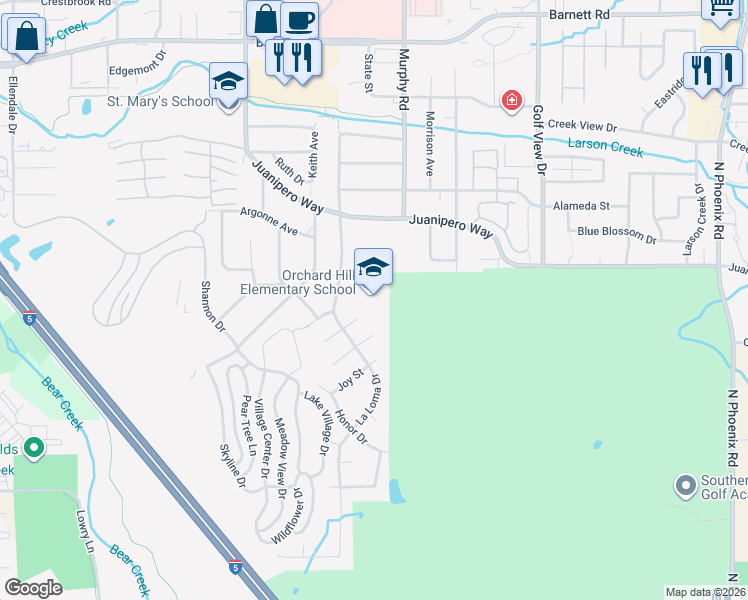map of restaurants, bars, coffee shops, grocery stores, and more near 1011 La Loma Drive in Medford