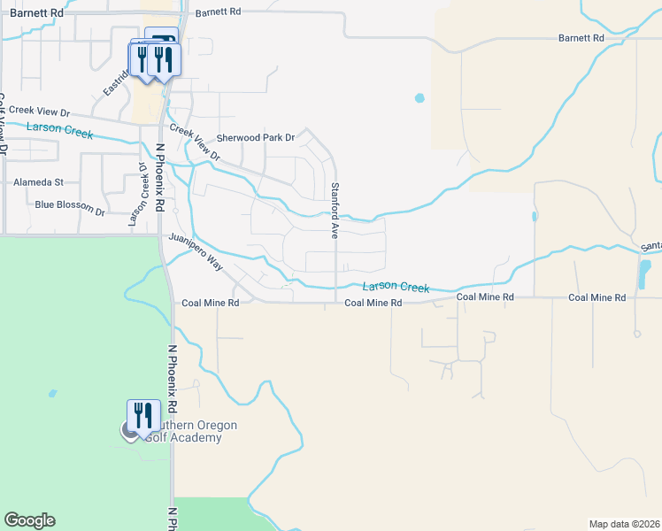 map of restaurants, bars, coffee shops, grocery stores, and more near 3890 Arizona Drive in Medford
