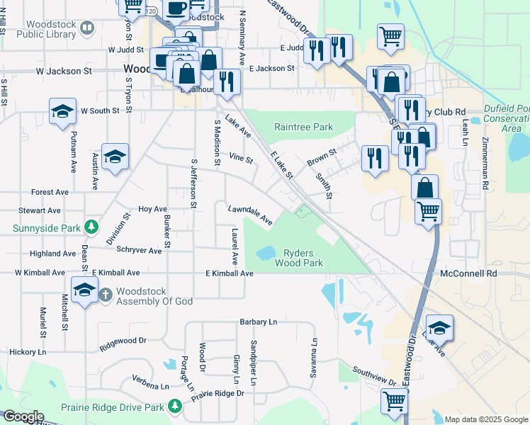 map of restaurants, bars, coffee shops, grocery stores, and more near 529 Fremont Street in Woodstock