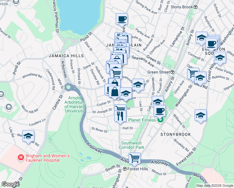 map of restaurants, bars, coffee shops, grocery stores, and more near 11 Sedgwick Street in Boston