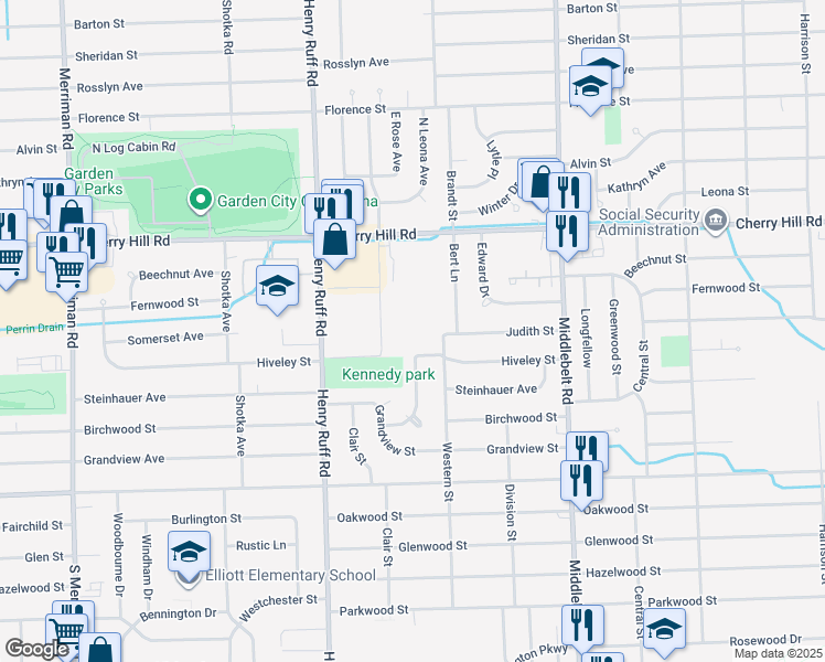 map of restaurants, bars, coffee shops, grocery stores, and more near 30000 Hiveley Street in Inkster