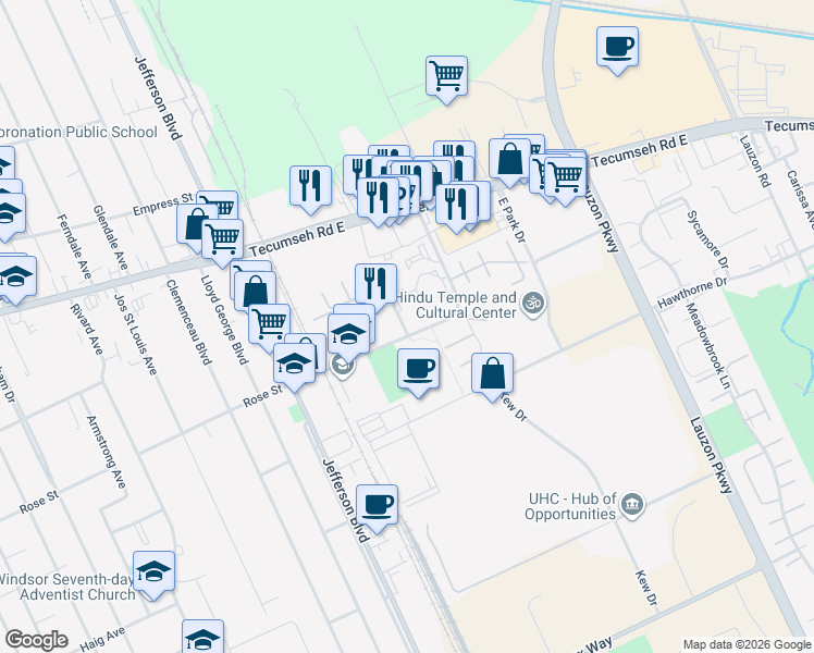 map of restaurants, bars, coffee shops, grocery stores, and more near 6690 Thornberry Crescent in Windsor