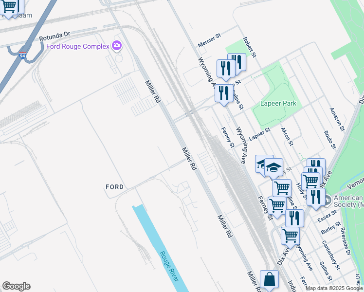 map of restaurants, bars, coffee shops, grocery stores, and more near 3001 Miller Road in Dearborn