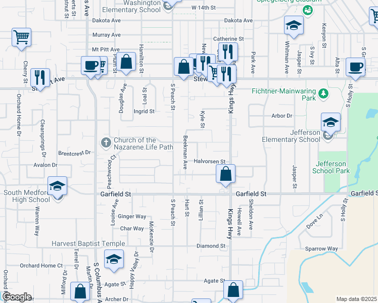 map of restaurants, bars, coffee shops, grocery stores, and more near 1419 Beekman Avenue in Medford