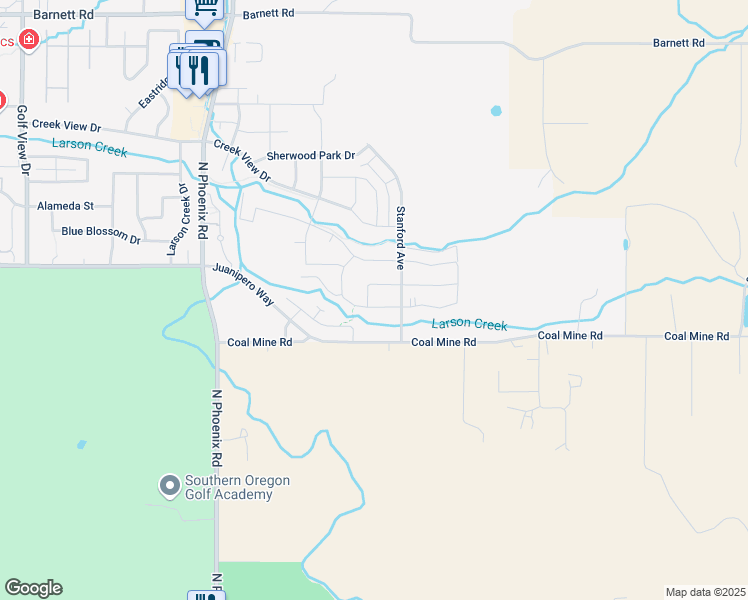 map of restaurants, bars, coffee shops, grocery stores, and more near 3858 Arizona Drive in Medford