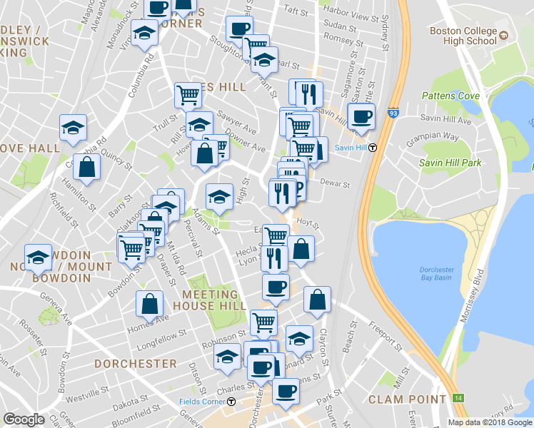 map of restaurants, bars, coffee shops, grocery stores, and more near 259 Hancock Street in Boston