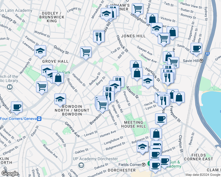 map of restaurants, bars, coffee shops, grocery stores, and more near 315 Clarkson Street in Boston