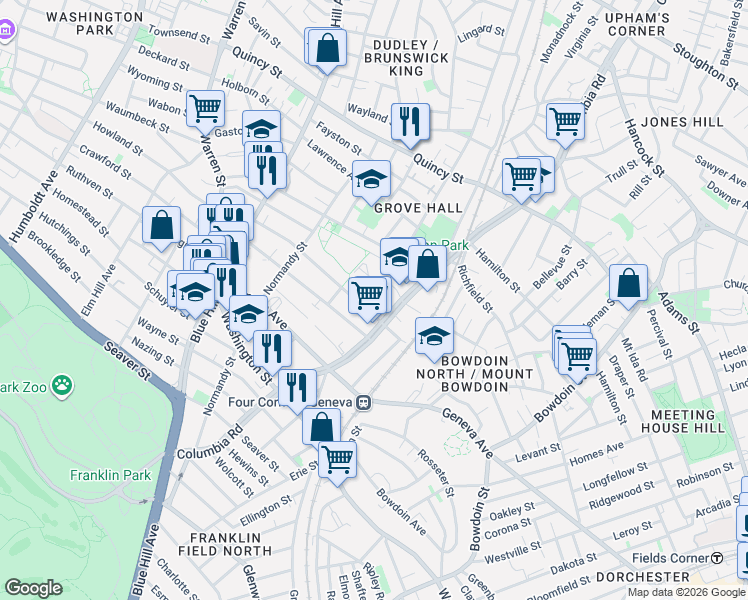 map of restaurants, bars, coffee shops, grocery stores, and more near 264-272 Columbia Road in Boston