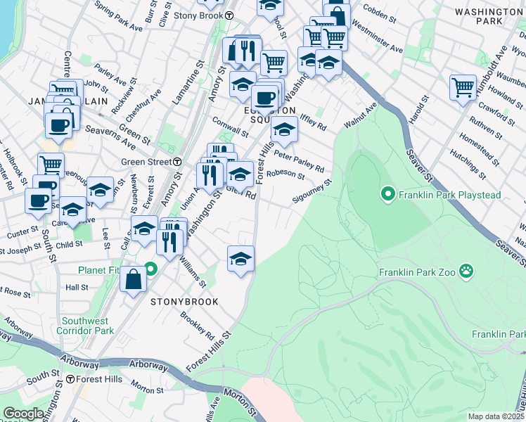 map of restaurants, bars, coffee shops, grocery stores, and more near 11 Rocky Nook Terrace in Boston