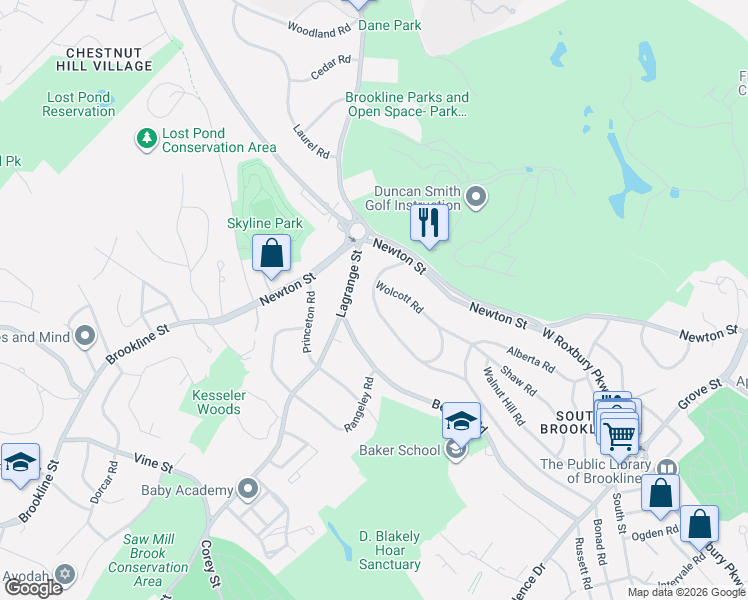 map of restaurants, bars, coffee shops, grocery stores, and more near 37 Wolcott Road in Brookline