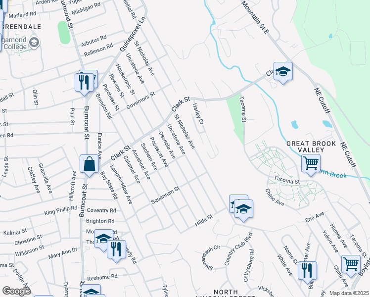 map of restaurants, bars, coffee shops, grocery stores, and more near 113 Uncatena Avenue in Worcester