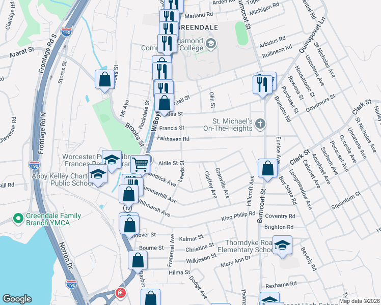 map of restaurants, bars, coffee shops, grocery stores, and more near 40 Fairhaven Road in Worcester