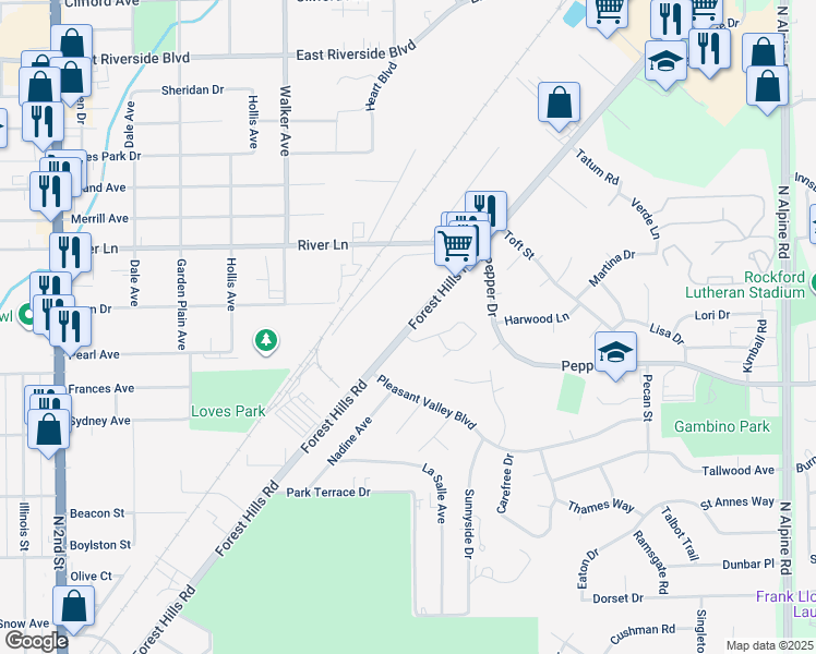 map of restaurants, bars, coffee shops, grocery stores, and more near 5800 Forest Hills Road in Loves Park