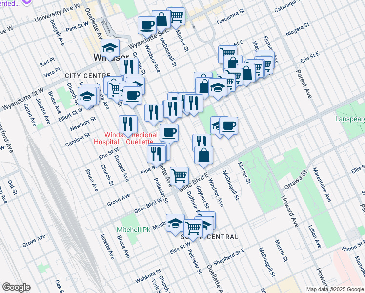 map of restaurants, bars, coffee shops, grocery stores, and more near 1076 Goyeau Street in Windsor