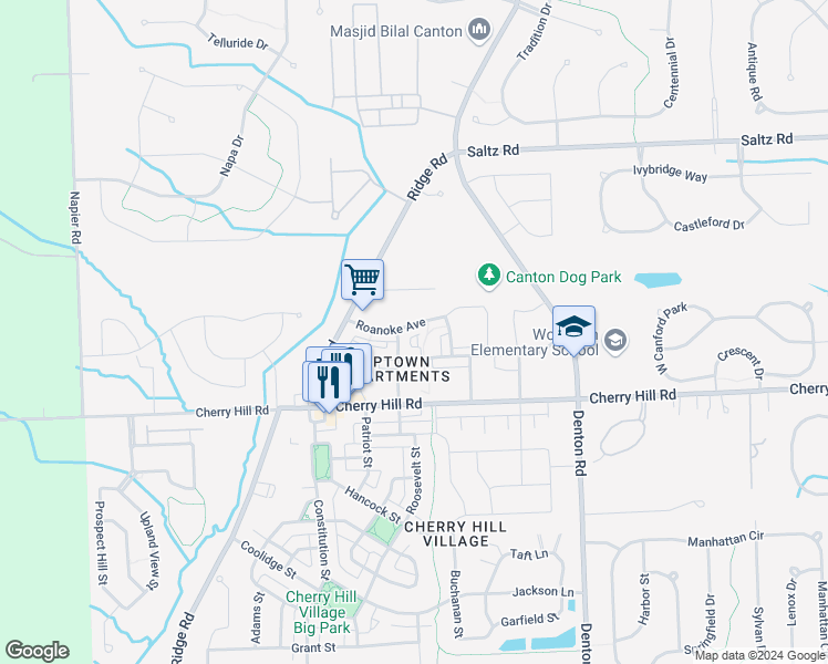 map of restaurants, bars, coffee shops, grocery stores, and more near 50069 Roanoke Avenue in Canton