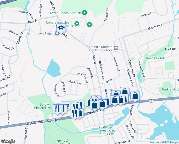 map of restaurants, bars, coffee shops, grocery stores, and more near 128 Oak Street in Natick