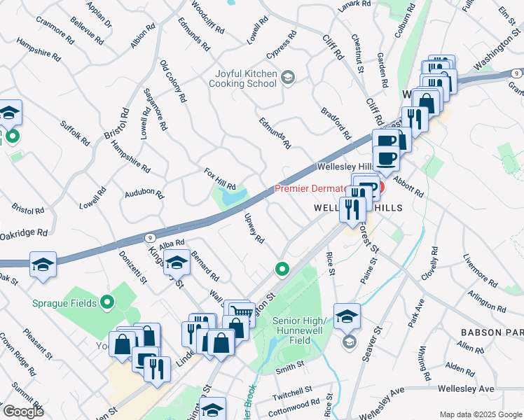 map of restaurants, bars, coffee shops, grocery stores, and more near 4 Arnold Road in Wellesley