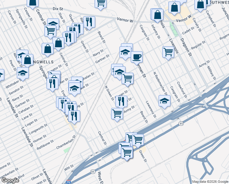 map of restaurants, bars, coffee shops, grocery stores, and more near 1551 Beard Street in Detroit