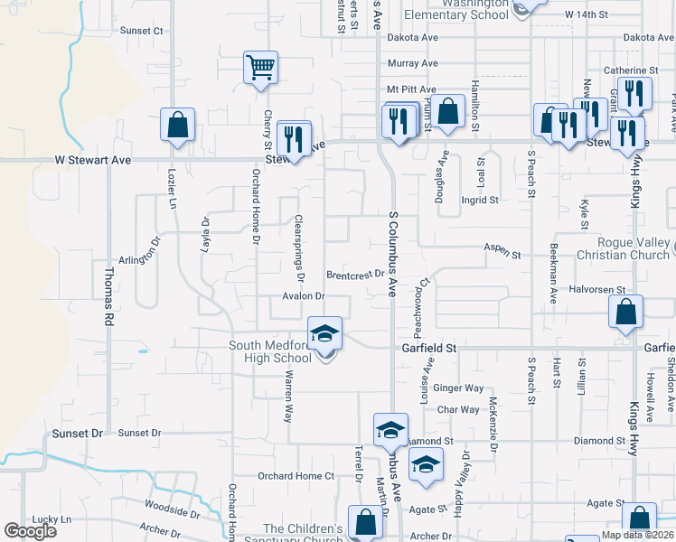 map of restaurants, bars, coffee shops, grocery stores, and more near 1457 Dixie Lane in Medford