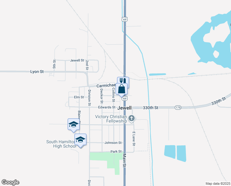 map of restaurants, bars, coffee shops, grocery stores, and more near 552 Carmichael Street in Jewell