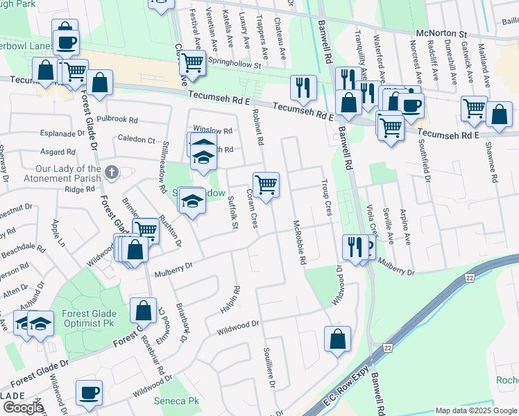 map of restaurants, bars, coffee shops, grocery stores, and more near 3062 Coram Crescent in Windsor