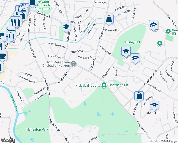map of restaurants, bars, coffee shops, grocery stores, and more near 375 Dedham Street in Newton