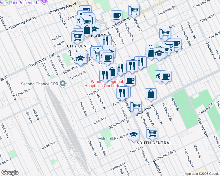 map of restaurants, bars, coffee shops, grocery stores, and more near 1011 Pelissier Street in Windsor