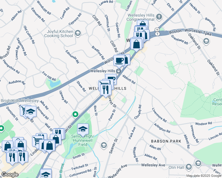 map of restaurants, bars, coffee shops, grocery stores, and more near 378 Washington Street in Wellesley
