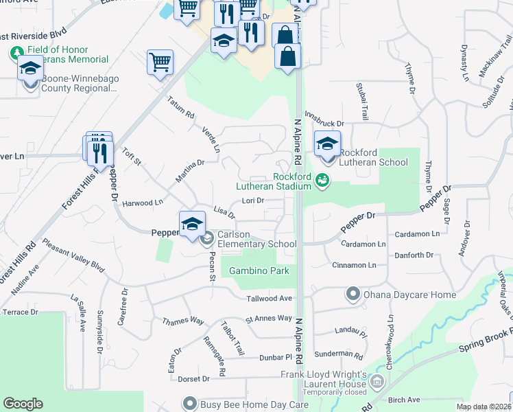 map of restaurants, bars, coffee shops, grocery stores, and more near 4337 Lori Drive in Rockford