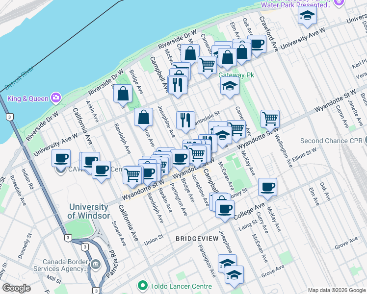 map of restaurants, bars, coffee shops, grocery stores, and more near 476 Josephine Avenue in Windsor