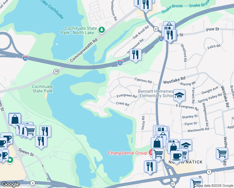 map of restaurants, bars, coffee shops, grocery stores, and more near 12 Magnolia Road in Natick