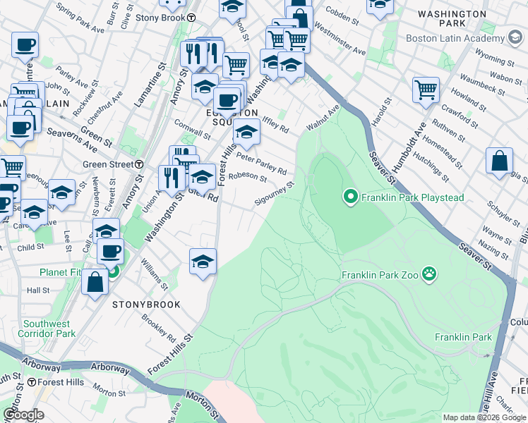 map of restaurants, bars, coffee shops, grocery stores, and more near 8 Sigourney Street in Boston
