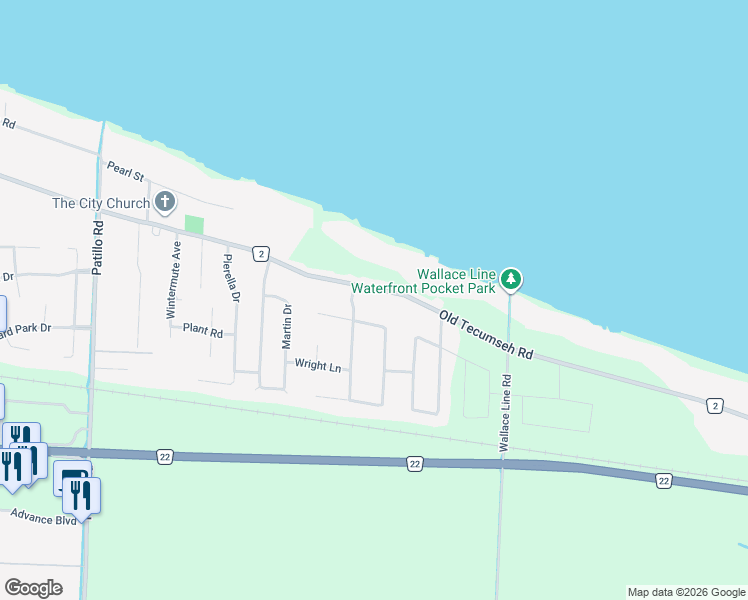 map of restaurants, bars, coffee shops, grocery stores, and more near 627 Old Tecumseh Road in Belle River