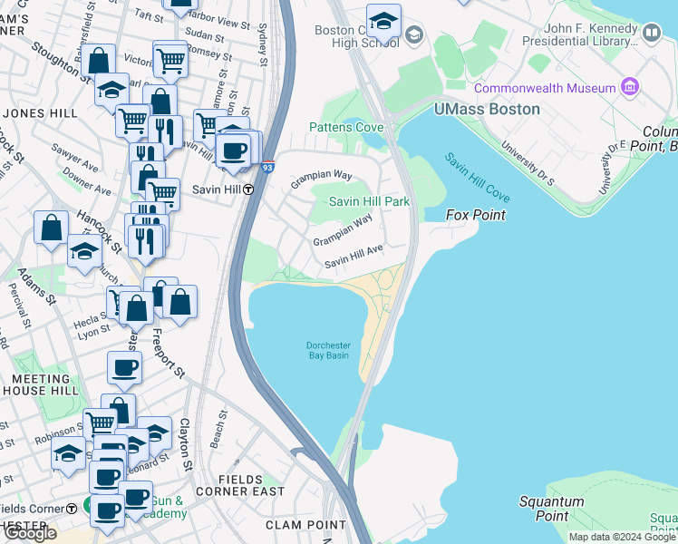 map of restaurants, bars, coffee shops, grocery stores, and more near 206 Savin Hill Avenue in Boston